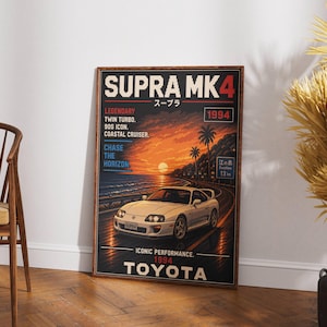 May include: A rectangular wall poster featuring a white 1994 Toyota Supra MK4 driving along a coastal road at sunset. The text reads SUPRA MK4, 1994, LEGENDARY TWIN TURBO, 90S ICON, COASTAL CRUISER, CHASE THE HORIZON, and ICONIC PERFORMANCE.