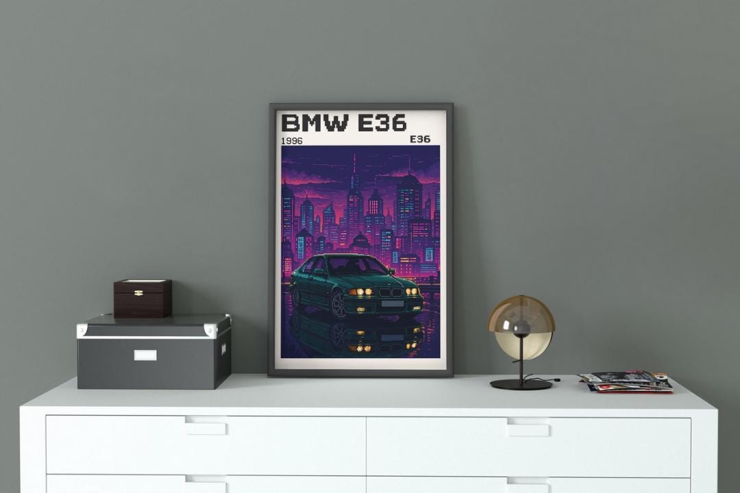 BMW E36 Pixel Art Poster 1996 Classic Car Retro JDM Night City Lights ...