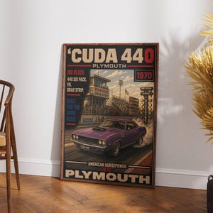 May include: A rectangular wall poster featuring a purple 1970 Plymouth Cuda 440 muscle car on a drag strip. The text reads 'CUDA 440 PLYMOUTH', 'BIG BLOCK 440 SIX PACK V8 DRAG STRIP', '1970', 'BUILT FOR THE OPEN ROAD', and 'AMERICAN HORSEPOWER PLYMOUTH'.