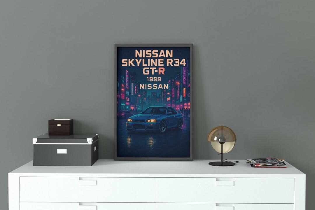 Nissan Skyline R34 GT-R Pixel-Art-Poster 1999 JDM Auto Retro Neon Stadt ...