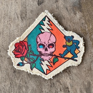 Deadhead bear, skull & rose pyramid canvas sew-on patch