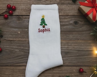 Calcetines navideños con nombre personalizado, calcetines navideños, calcetines festivos personalizados, calcetines unisex de algodón con copos de nieve bordados, calcetines navideños, Navidad