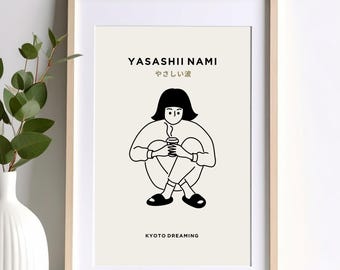Kyoto Dreaming – Minimalistisk väggkonsttryck med japansk flicka | Modern illustration av Matcha-älskare | Lugn neutral poster | Ram ingår ej