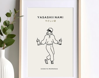 Shibuya Mornings – Konsttryck i japansk gatustil | Minimalistisk linjekonstposter | Väggdekoration med Tokyos kaffekultur | Ram ingår ej