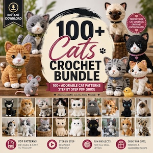 Paket med 100+ virkmönster för katter, Amigurumi Kitty PDF-guide (digital nedladdning)