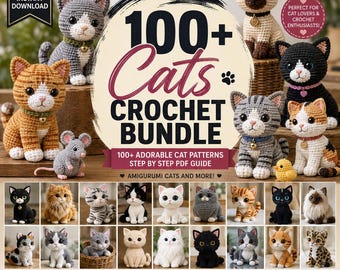 Pacote com mais de 100 padrões de crochê de gatos, guia em PDF de gatinhos amigurumi (download digital)