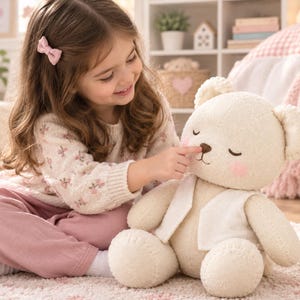 May include: A plush cream-coloured teddy bear with stitched facial features, closed eyes, and pink cheeks. The bear wears a white vest and has a textured fabric surface. The design includes rounded ears and a small brown nose, crafted with visible seams.