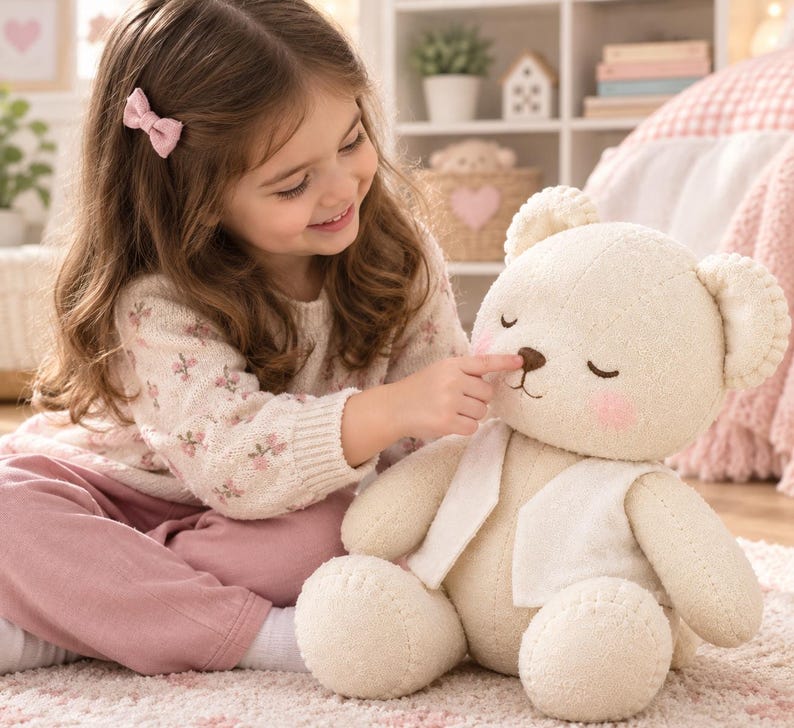 May include: A plush cream-coloured teddy bear with stitched facial features, closed eyes, and pink cheeks. The bear wears a white vest and has a textured fabric surface. The design includes rounded ears and a small brown nose, crafted with visible seams.