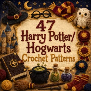May include: A collection of crochet items including a black witch hat, round glasses, a maroon and gold scarf, a beige owl, a castle, a brown book, a black cauldron with green bubbles, two potion bottles, a broom, and socks.