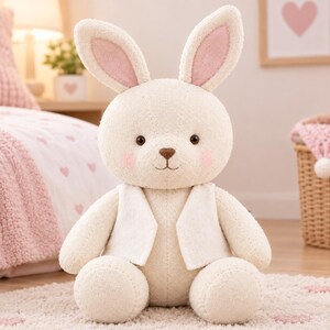 Puede incluir: Un peluche de conejo hecho de tela texturizada color crema, con orejas largas y erguidas con forro interior rosa, ojos marr&oacute;n oscuro, una peque&ntilde;a nariz marr&oacute;n y mejillas sonrosadas. El conejo lleva un chaleco blanco sencillo sobre el torso.