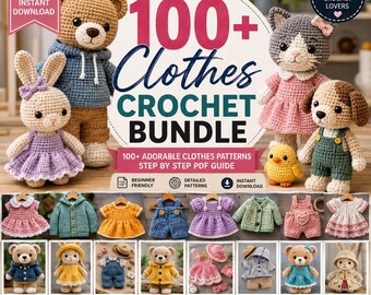 Pacote com mais de 100 padrões de roupas de crochê, PDFs de roupas de crochê, vestidos, blusas, suéteres, cardigãs e muito mais.