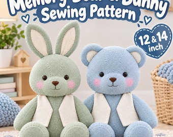 Molde em PDF para costura de Urso da Memória, Urso de Pelúcia Patchwork, Bicho de Pelúcia para Guardar como Lembrança (2 Tamanhos)