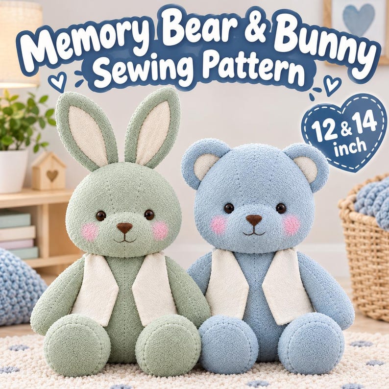 May include: A sage green bunny and a light blue bear plush toy, both featuring white vests, dark eyes, and pink cheeks. The text reads Memory Bear & Bunny Sewing Pattern and 12 & 14 inch. The toys have a textured fabric finish and are seated upright.
