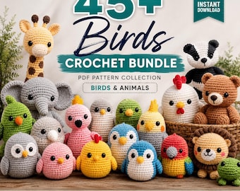 Pacote com mais de 45 padrões de crochê amigurumi de pássaros, moldes de animais em PDF para você mesmo fazer (download instantâneo)