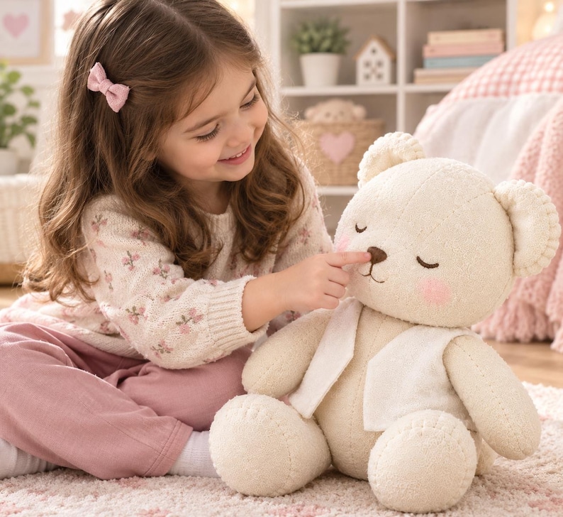 Op de afbeelding: Een cr&egrave;mekleurige pluche teddybeer met gestikte gelaatstrekken, gesloten ogen en roze wangen. De beer draagt een wit vestje en heeft een textuurrijk stoffen oppervlak. Het ontwerp bevat ronde oren en een kleine bruine neus met zichtbare naden.