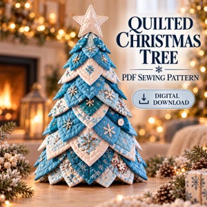 Puede incluir: Un árbol de Navidad acolchado hecho de hojas de tela azul y blanca superpuestas con patrones de copos de nieve, coronado con una estrella blanca. El texto dice: QUILTED CHRISTMAS TREE, PDF SEWING PATTERN, DIGITAL DOWNLOAD.