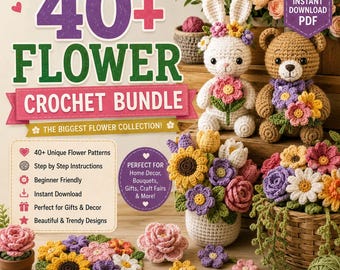 Pacote com mais de 40 padrões de flores de crochê, apliques florais, artesanato faça você mesmo (download em PDF)