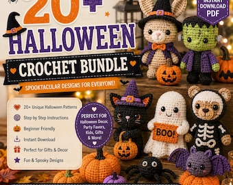 Pacote com mais de 22 padrões de crochê para o Halloween, PDFs de amigurumi assustadores, decorações de Halloween, fantasias, brinquedos e muito mais.