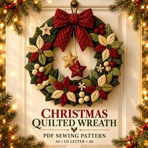 Puede incluir: Una corona navideña acolchada con hojas de tela verde oscuro, flores de pascua rojas y crema, y un gran lazo rojo. Dos adornos de estrellas colgantes en el centro. Texto: CHRISTMAS QUILTED WREATH, PDF SEWING PATTERN, A4, US LETTER, A0.