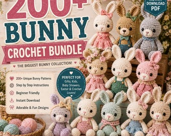 Pacote com mais de 200 padrões de crochê de coelhos, coelho amigurumi em PDF (download instantâneo)