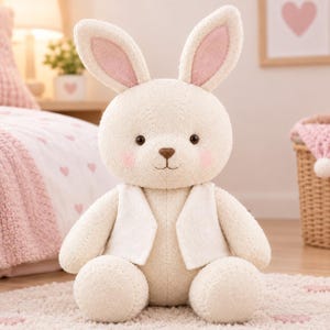 May include: A plush stuffed rabbit toy with cream-coloured textured fabric, long upright ears with pink inner lining, dark brown eyes, a small brown nose, and pink blush on the cheeks. The rabbit wears a simple white vest over its torso.