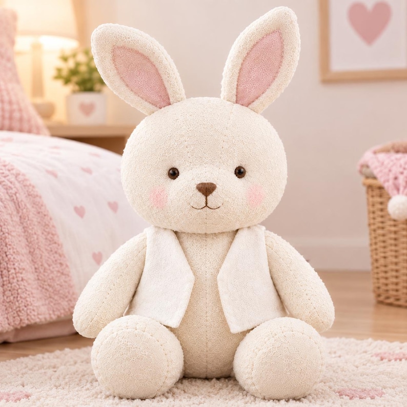 May include: A plush stuffed rabbit toy with cream-coloured textured fabric, long upright ears with pink inner lining, dark brown eyes, a small brown nose, and pink blush on the cheeks. The rabbit wears a simple white vest over its torso.