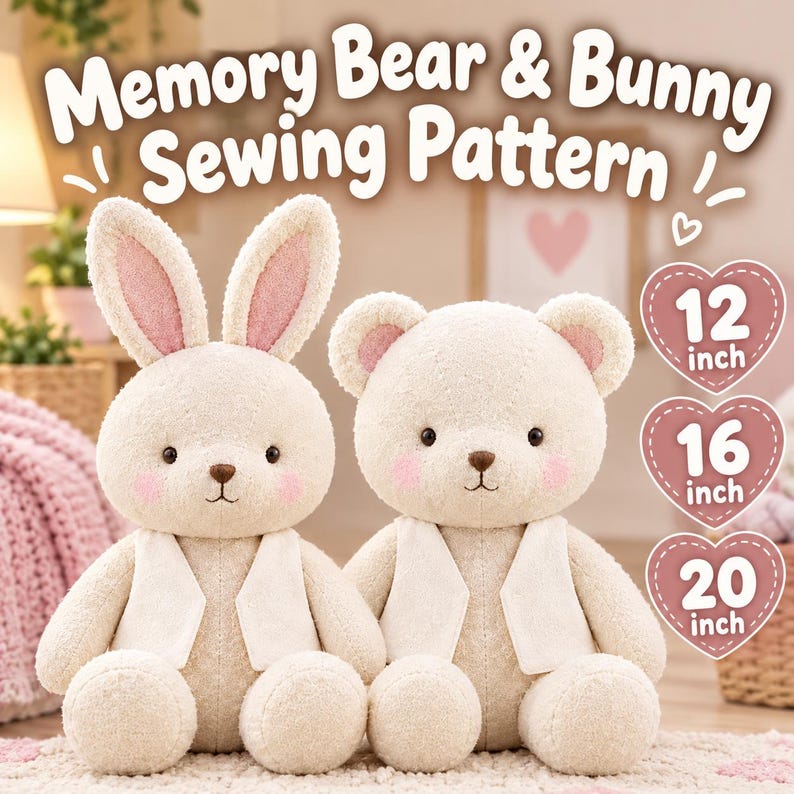 Puede incluir: Un patr&oacute;n de costura para un oso y un conejo, con dos peluches de tela color crema con mejillas rosadas y chalecos blancos. El texto dice Memory Bear & Bunny Sewing Pattern, con corazones que indican tama&ntilde;os de 12, 16 y 20 pulgadas.