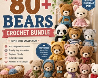 Pacote com mais de 80 padrões de crochê de ursos amigurumi, coleção de PDFs para fazer você mesmo (download instantâneo)