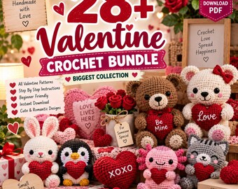 Pacote com mais de 28 padrões de crochê para o Dia dos Namorados | Amigurumi de coração, bichinhos de pelúcia românticos (Download em PDF)