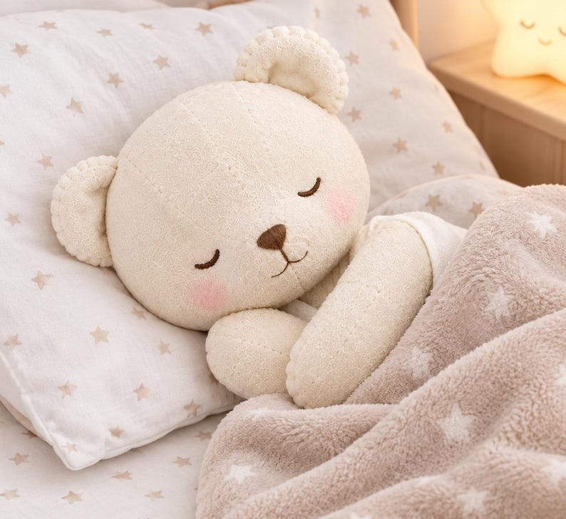 May include: A plush cream-coloured teddy bear with closed eyes and pink cheeks, resting its head on a white pillow patterned with small beige stars. The bear is partially covered by a soft, fuzzy beige blanket featuring a white star pattern.