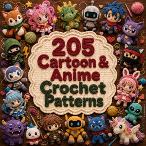 May include: A collection of various colourful crochet amigurumi figures including a fox, robot, dragon, and anime characters surrounding a central cream-coloured scalloped plaque with the dark red and green text 205 Cartoon & Anime Crochet Patterns.