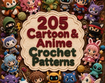 Pacote com mais de 205 padrões de crochê amigurumi de desenhos animados e animes (download digital)