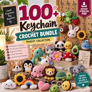 Può includere: Un pacchetto di schemi digitali all'uncinetto con oltre 100 design di portachiavi. L'immagine mostra vari portachiavi amigurumi finiti, tra cui animali, fiori, cibo e forme come un'ape, una rana, una fragola, un orso, un coniglio, un girasole e una balena.