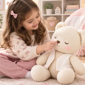 以下が含まれることがあります： クリーム色のぬいぐるみテディベア。縫い付けられた顔のパーツ、閉じた目、ピンクの頬が特徴です。白いベストを着用しており、表面は質感のある布地で作られています。丸い耳と小さな茶色の鼻があり、縫い目がはっきりと見えます。