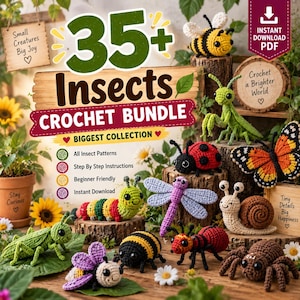 Puede incluir: Un anuncio digital para un paquete de 35+ insectos a crochet que incluye varios insectos tejidos como una abeja, mantis, mariquita, mariposa, oruga, libélula, caracol y araña, con superposiciones de texto como Small Creatures Big Joy.