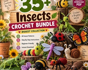 Pacote com mais de 35 padrões de crochê amigurumi de insetos, incluindo bichinhos de pelúcia em PDF (download instantâneo)