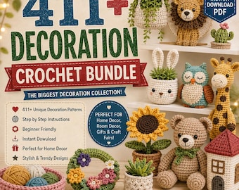 Pacote com mais de 411 padrões de crochê para decoração de casa, download digital em PDF.