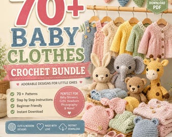 Pacote com mais de 70 padrões de crochê para roupinhas de bebê, incluindo conjuntos para recém-nascidos, gorros e sapatinhos (download digital)