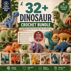 Peut inclure: Un ensemble de modèles de crochet en format PDF numérique comprenant plus de 32 motifs de dinosaures. L'image présente divers dinosaures crochetés colorés, incluant des figurines bleues, vertes, orange et jaunes, avec le texte 32+ DINOSAUR CROCHET BUNDLE.