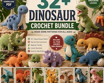 Pacote com mais de 32 padrões de crochê de dinossauros, PDF de amigurumi, brinquedos de dinossauro (download digital)
