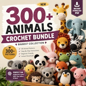 Puede incluir: Una colección digital de más de 300 patrones de ganchillo de animales con varias figuras amigurumi hechas a mano, incluyendo una jirafa, elefante, león, cebra, panda, conejo, rana, zorro, pingüino, koala, erizo y cerdo con textos superpuestos.