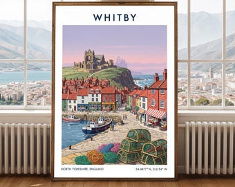 Puede incluir: Un póster enmarcado de Whitby, North Yorkshire, con una colorida ilustración del puerto, los edificios y la abadía. El póster incluye el nombre de la ciudad y las coordenadas. La obra de arte se presenta sobre un fondo costero.