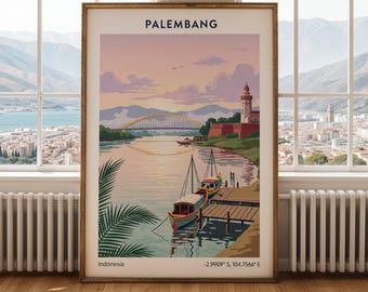 Palembang Poster - Vintage Flat Vector Illustration, Lavender, Pastel Pink and Sky Blue
