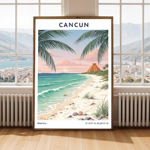 May include: A framed art print of a Cancun beach scene. The image shows a turquoise sea, white sand, palm trees, and a pyramid. The word "CANCUN" is at the top. Coordinates and "Mexico" are at the bottom of the print.