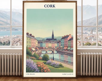 Cork Irland Druck – Pastell Stadtbild, Vintage Reisekunst (Digitale Illustration)