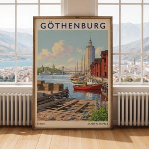 May include: Framed vintage travel poster of Gothenburg, Sweden. The artwork shows a harbour scene with boats, buildings, and a bridge under a blue sky. The poster has a wooden frame and includes the city name at the top.