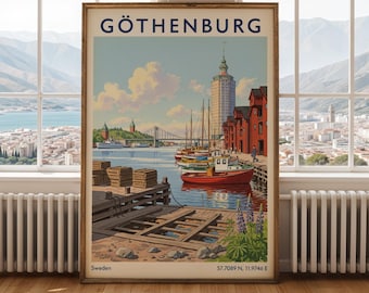 May include: Framed vintage travel poster of Gothenburg, Sweden. The artwork shows a harbour scene with boats, buildings, and a bridge under a blue sky. The poster has a wooden frame and includes the city name at the top.
