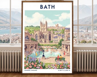 May include: A framed art print featuring a colorful illustration of Bath, England. The artwork depicts the city's architecture, including a large cathedral, a pool with people, and the text "BATH" at the top. The print includes the text "SOMERSET, ENGLAND" and coordinates.