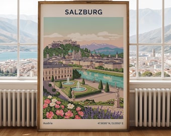 Salzburg Art Print - Vintage Vector Illustration, Teal and Light Blue, Peach and Pink-Lavender