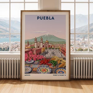 Puebla Art Print - Vintage Travel, Navy Blue, Lavender and Hot Pink, Mint Green Volcano